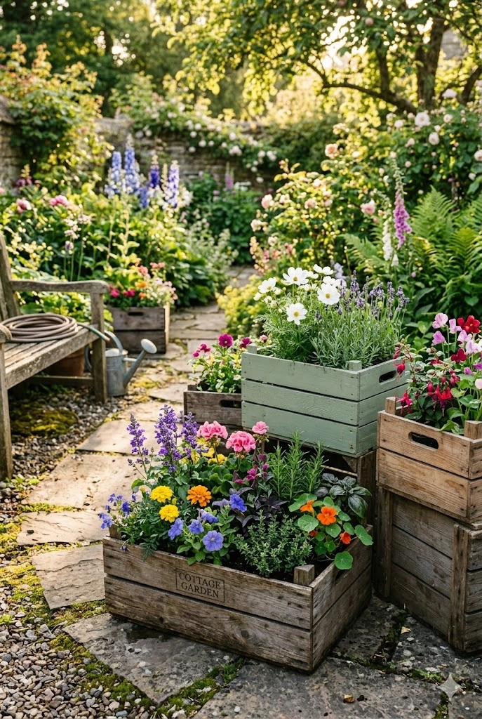 10. Rustic Wooden Crate Planters