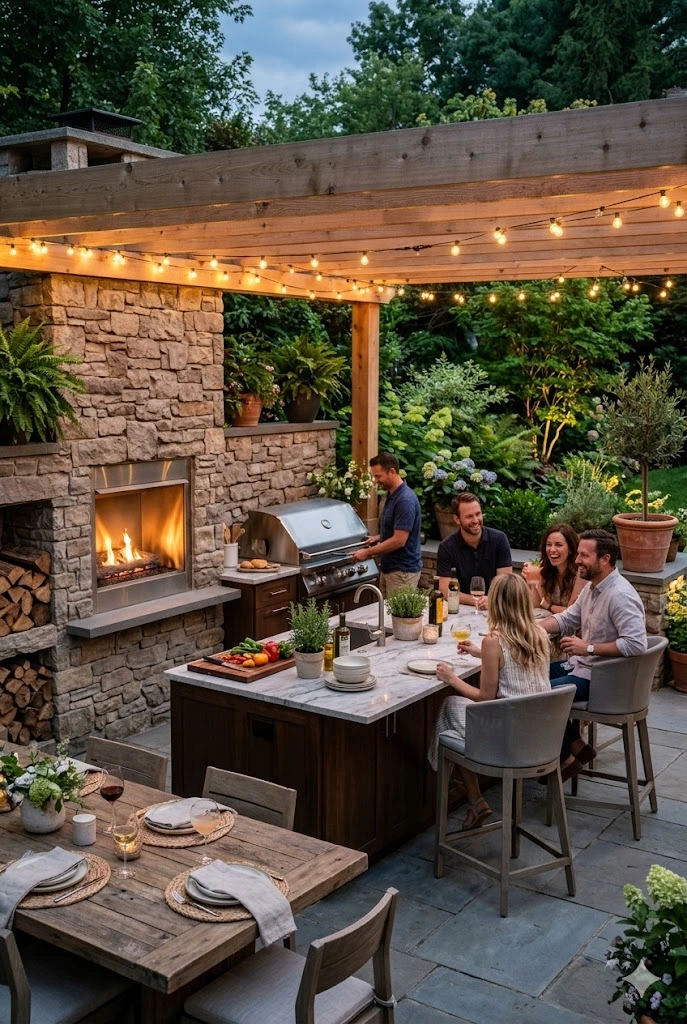 5. Outdoor Fireplace with Kitchen Integration